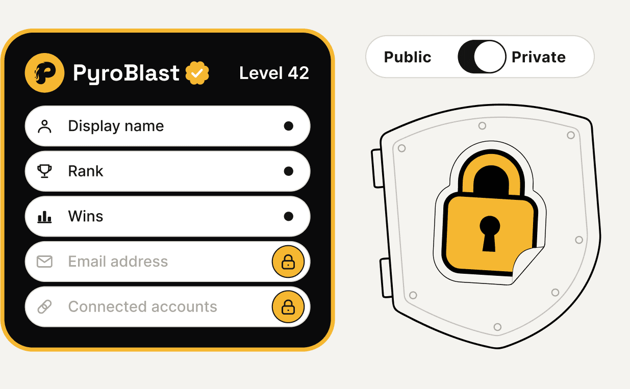 A Pyroblast profile card with a Public / Private visibility toggle; email and connected accounts are locked