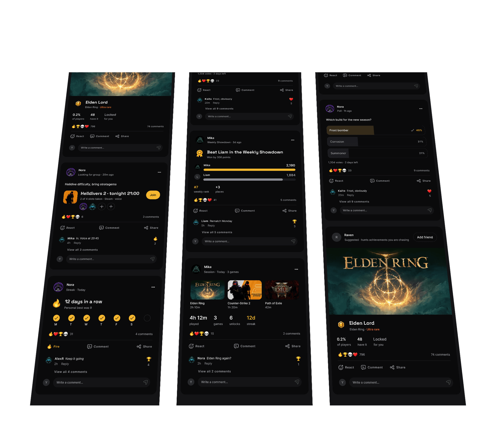 Ein Stream mit Beiträgen von Freunden: ein Helldivers 2-Squad-Abend, ein Sieg im Weekly Showdown, eine 12-Tage-Serie, ein Session-Rückblick und eine Elden Ring-Freischaltung